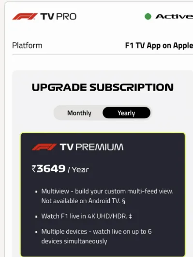 使用 VPN 成功激活 F1 TV 印度区低价订阅界面截图
