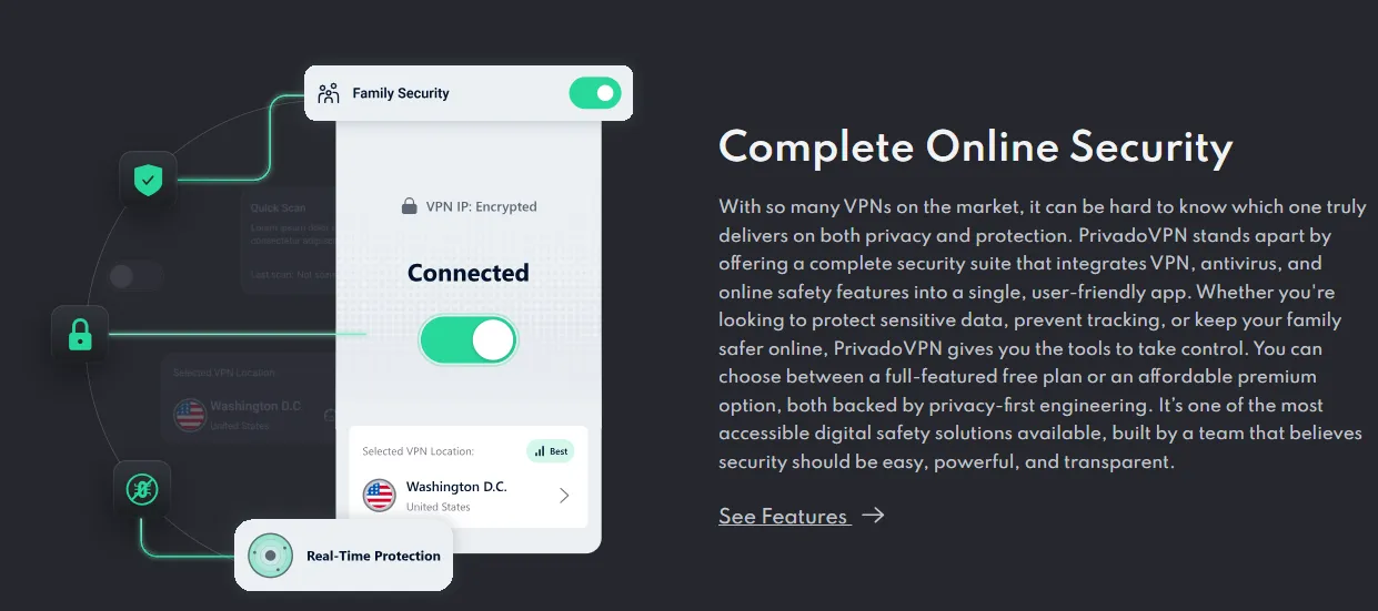 PrivadoVPN 免费版应用界面展示,10GB高速配额与WireGuard连接测试