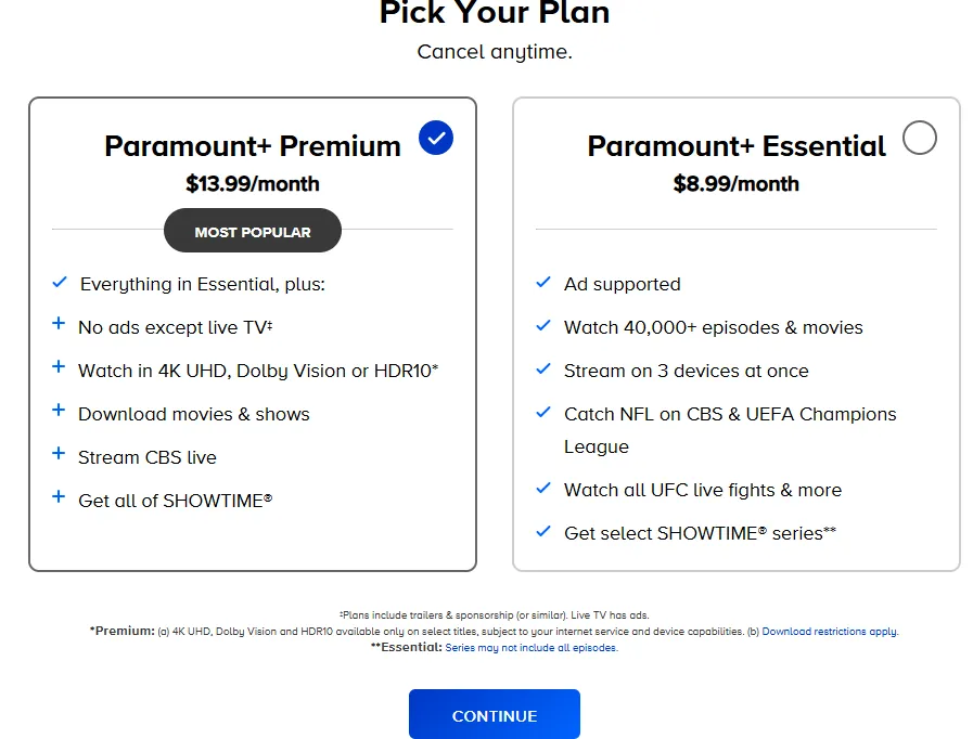Paramount+ 官网方案选择界面的高清截图