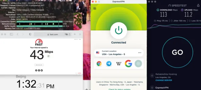 ExpressVPN 连接界面与 4K 视频测速真实表现